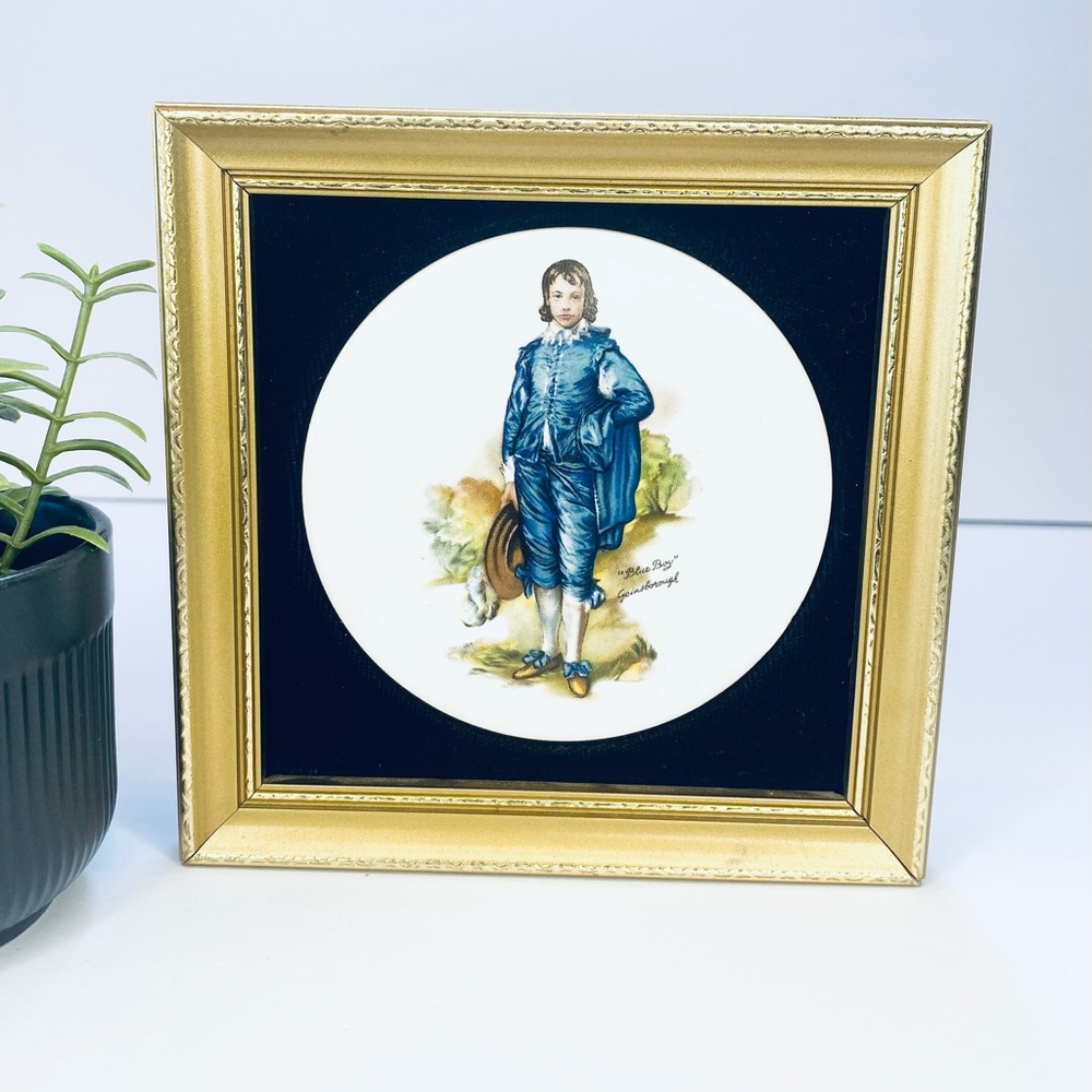 Vintage Art Blue Boy StaffordshireEngland Ceramic Velvet Gold Frame Gallery Wall